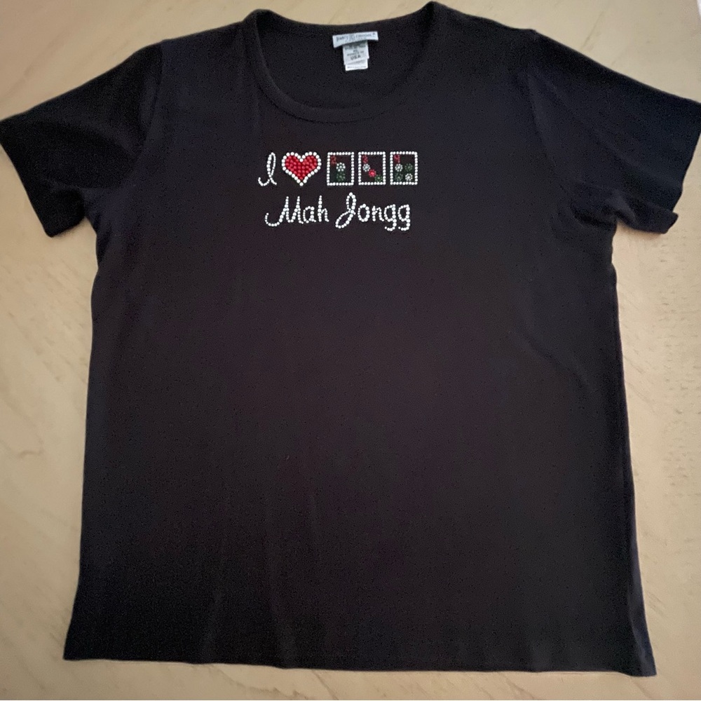 I Love Mah Jongg black t-shirt with colorful rhinestones size XL Mahjong